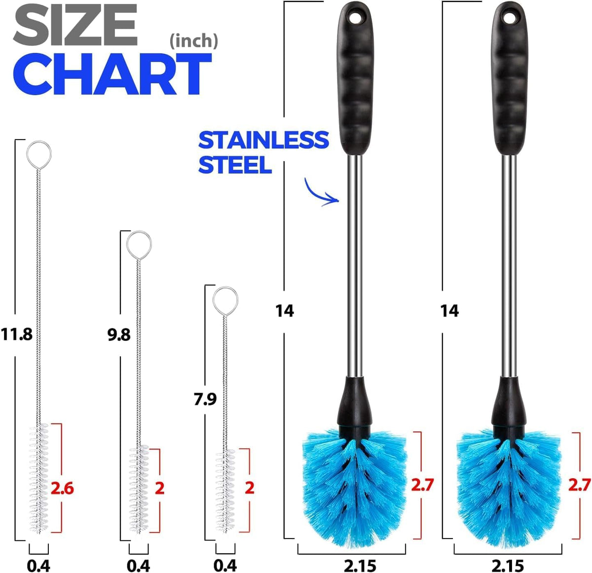 5 pack bottle brush 14" stainless steel straw cleaner brush, blue | 14" long handle stainless steel bottle cleaner brush, 3 straw brushes, bottle cleaning brush for water bottle cups baby - view 2