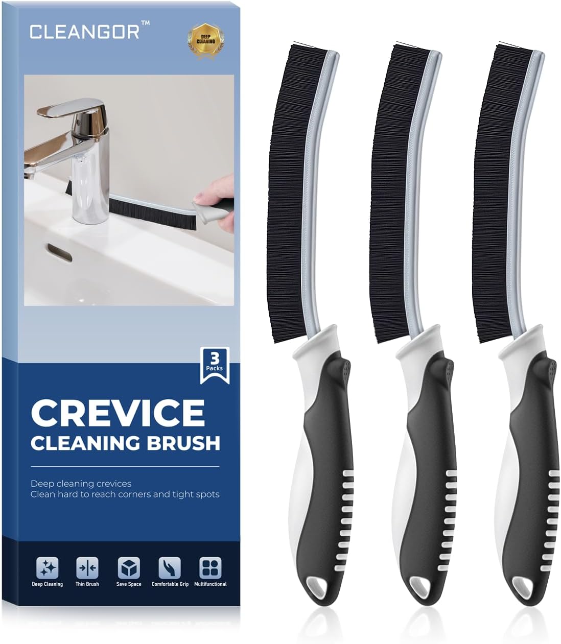 Crevice cleaning brushes, scrub brushes for hard to reach space, home essentials, cleaning supplies, cleaning tools for household use, bathroom, shower, kitchen, toilet, window (3, black)