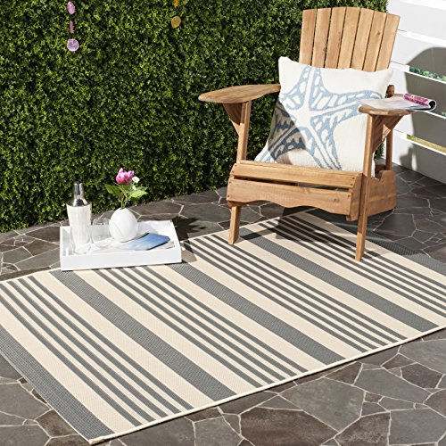 Courtyard Collection CY6062 Stripe Indoor/ Outdoor Non-Shedding Easy Cleaning Patio Backyard Porch Deck Mudroom Area Rug, 2'7" x 5', Grey / Bone