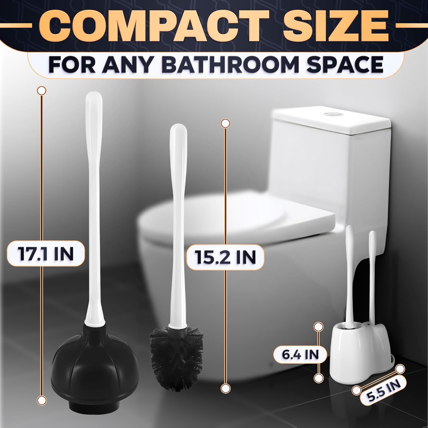 15.2" toilet brush and plunger set with holder, nylon bristles, white | Toilet bowl brush, holder and plunger, easy to place and simple to store after use, compact accessory for small spaces - view 2