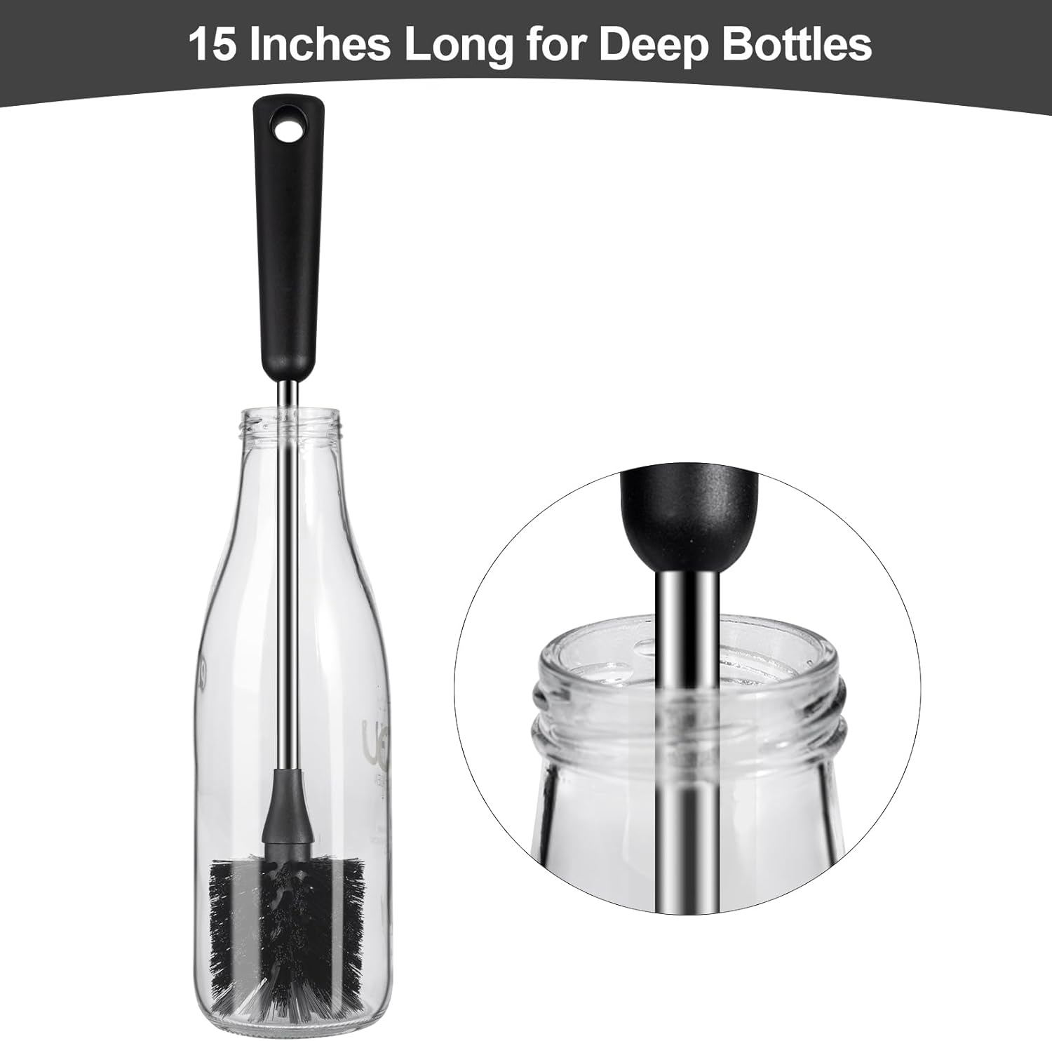 Water bottle brush, 15 inches long stainless steel handle bottle brush cleaner, bottle scrubber, kitchen scrub cleaning brushes for cup, wine glasses, coffee mugs, tumblers, wine decanters, black - view 7