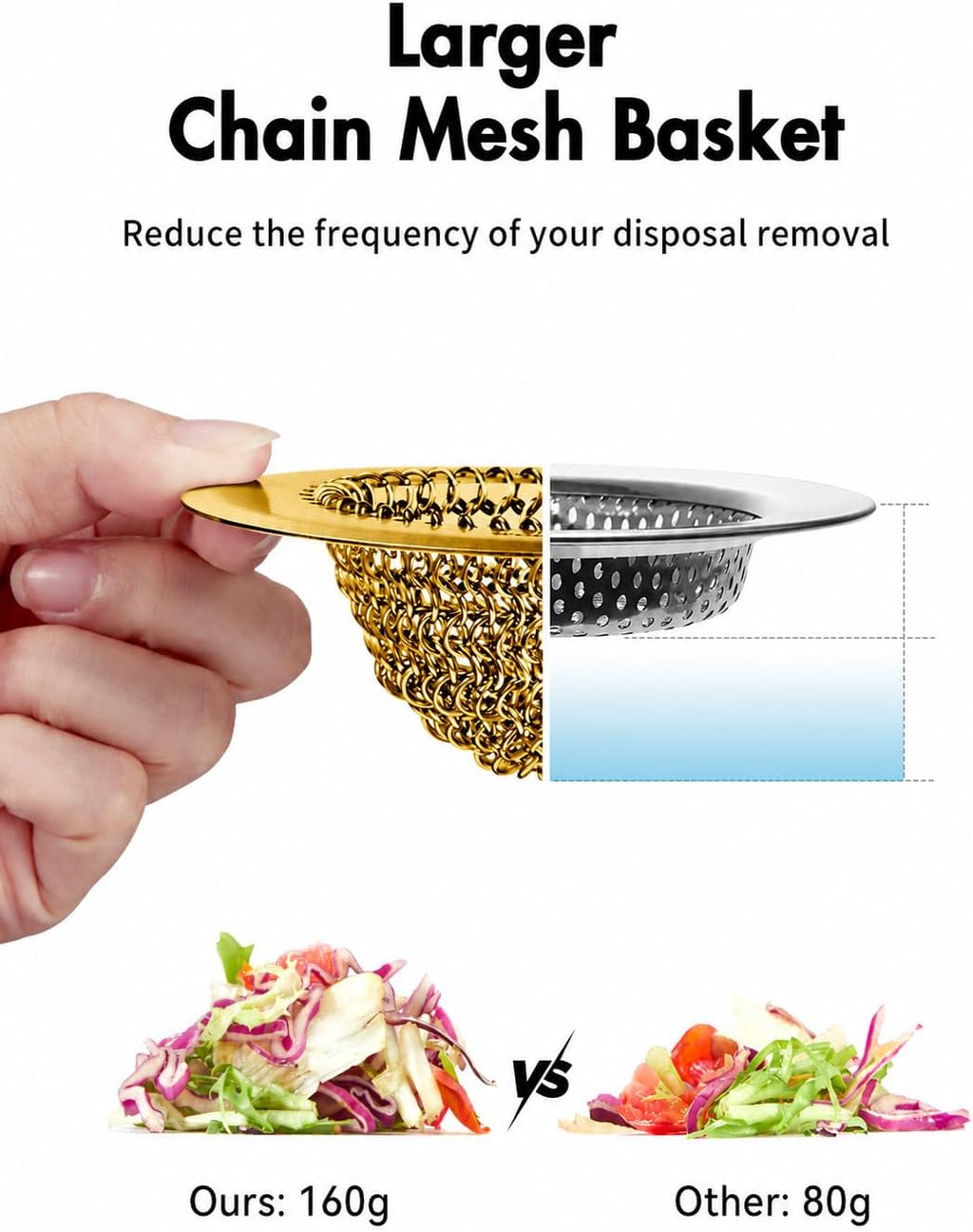 Kitchen sink drain strainer, patented reversible chain mesh basket, gold | Kitchen sink accessories, easy clean, fast drainage, 304 stainless steel rust-proof, 4.4" large capacity food catcher, anti-clog - view 5