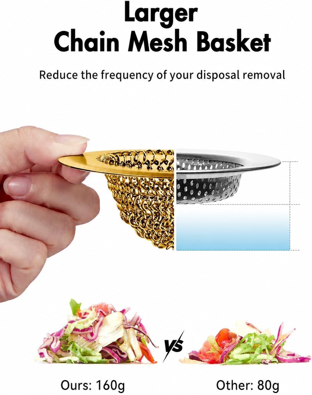 Kitchen sink drain strainer, patented reversible chain mesh basket, gold | Kitchen sink accessories, easy clean, fast drainage, 304 stainless steel rust-proof, 4.4" large capacity food catcher, anti-clog - view 5