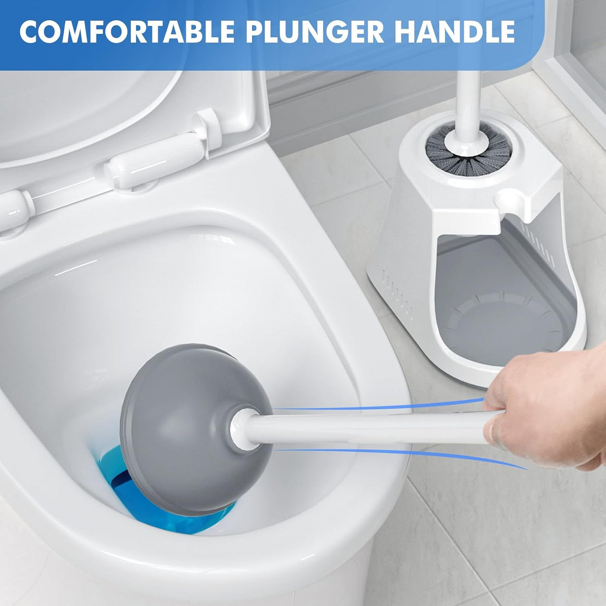 Toilet Plunger and Brush, Bowl Brush and Heavy Duty Toilet Plunger Set with Ventilated Holder, 2-in-1 Toilet Brush and Plunger Combo for Bathroom Cleaning (2 Pack, White) - view 5