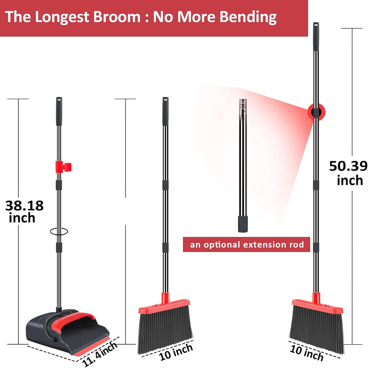Upgrade broom and dustpan set, broom with dustpan combo set, large size and with long handle, upright, ideal for indoor outdoor garage kitchen room office lobby use (black&red) - view 2