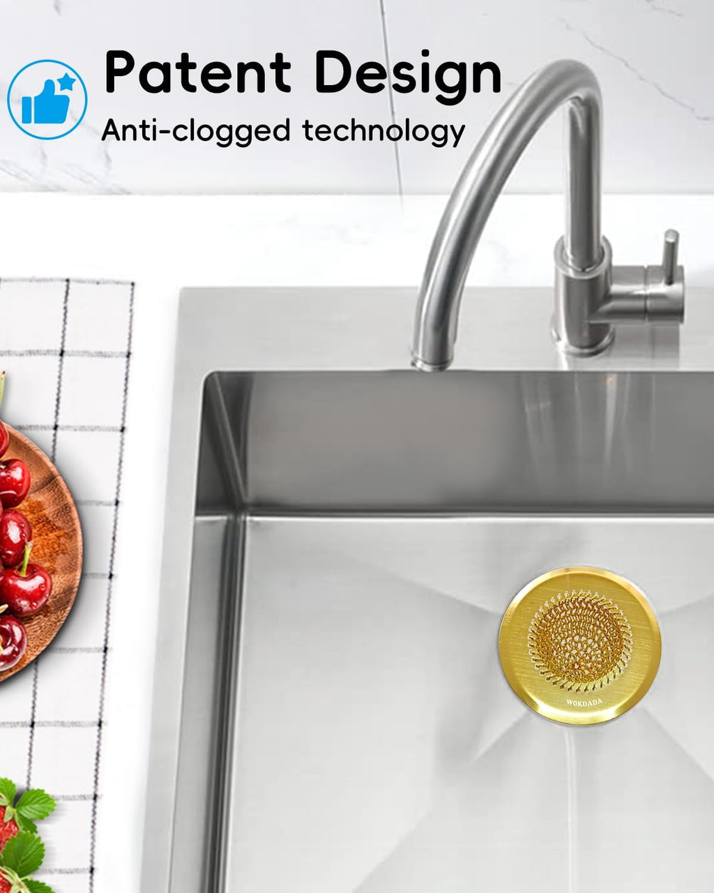 Kitchen sink drain strainer, patented reversible chain mesh basket, gold | Kitchen sink accessories, easy clean, fast drainage, 304 stainless steel rust-proof, 4.4" large capacity food catcher, anti-clog - view 6
