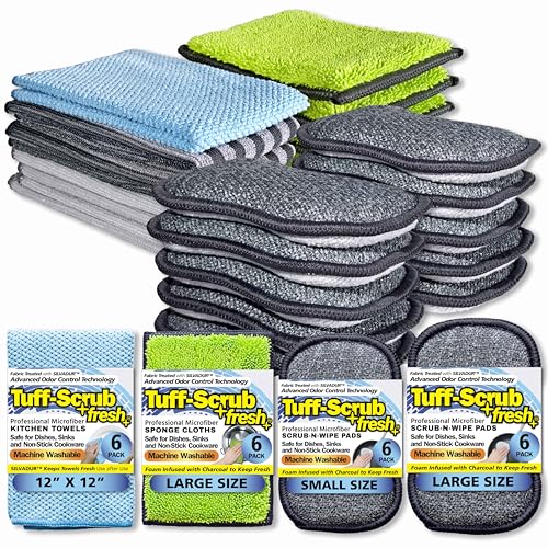 Fresh, Scrub-N-Wipe Mega Cleaning Bundle: 24-Pack (12 Pads, 6 Sponge Cloths, 6 Kitchen Towels) with Silvadur Antimicrobial & Charcoal Foam for Odor Control, Microfiber, Multi-Surface