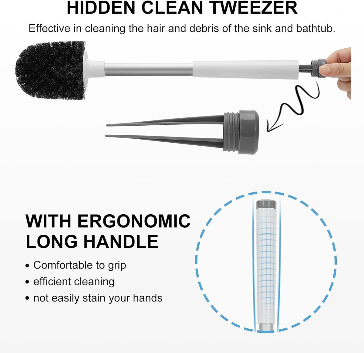 Toilet Brush and Holder, Self Closing Lid Toilet Bowl Brushes Holder and Extra Long Handle Ventilated Toilet Brush Set for Bathroom Cleaning, Nylon Bristles, White & Grey - view 3