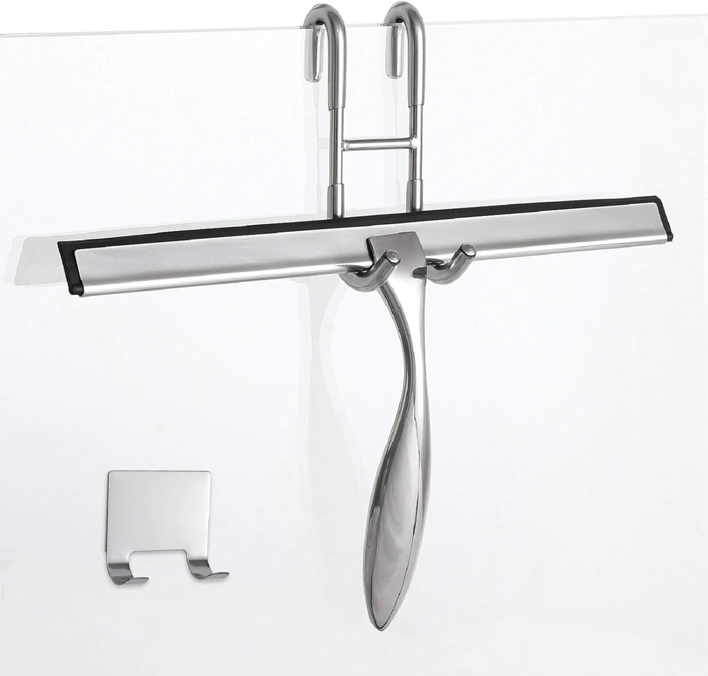 12-inch shower squeegee set, includes shower door hook and adhesive hook, squeegee for shower doors, mirror and window, silver