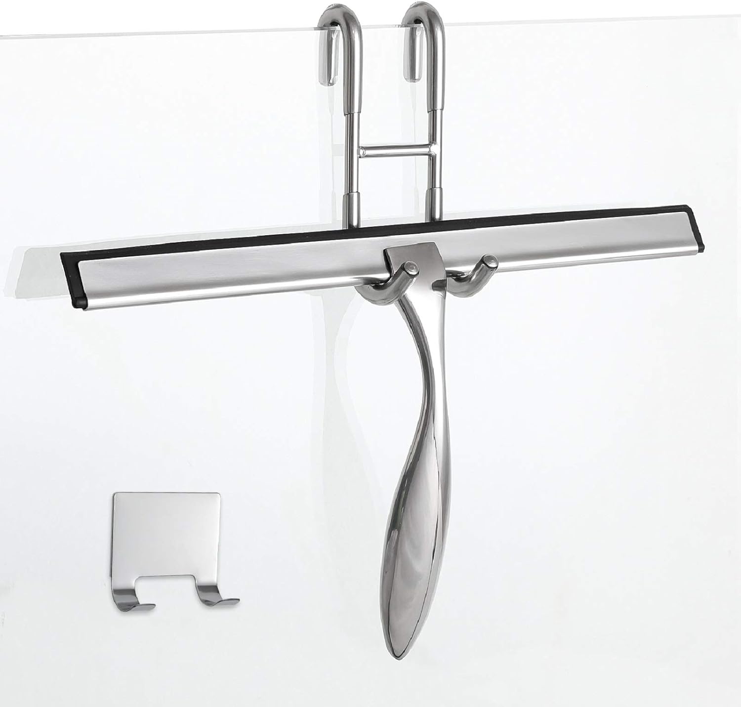 12-inch shower squeegee set, includes shower door hook and adhesive hook, squeegee for shower doors, mirror and window, silver