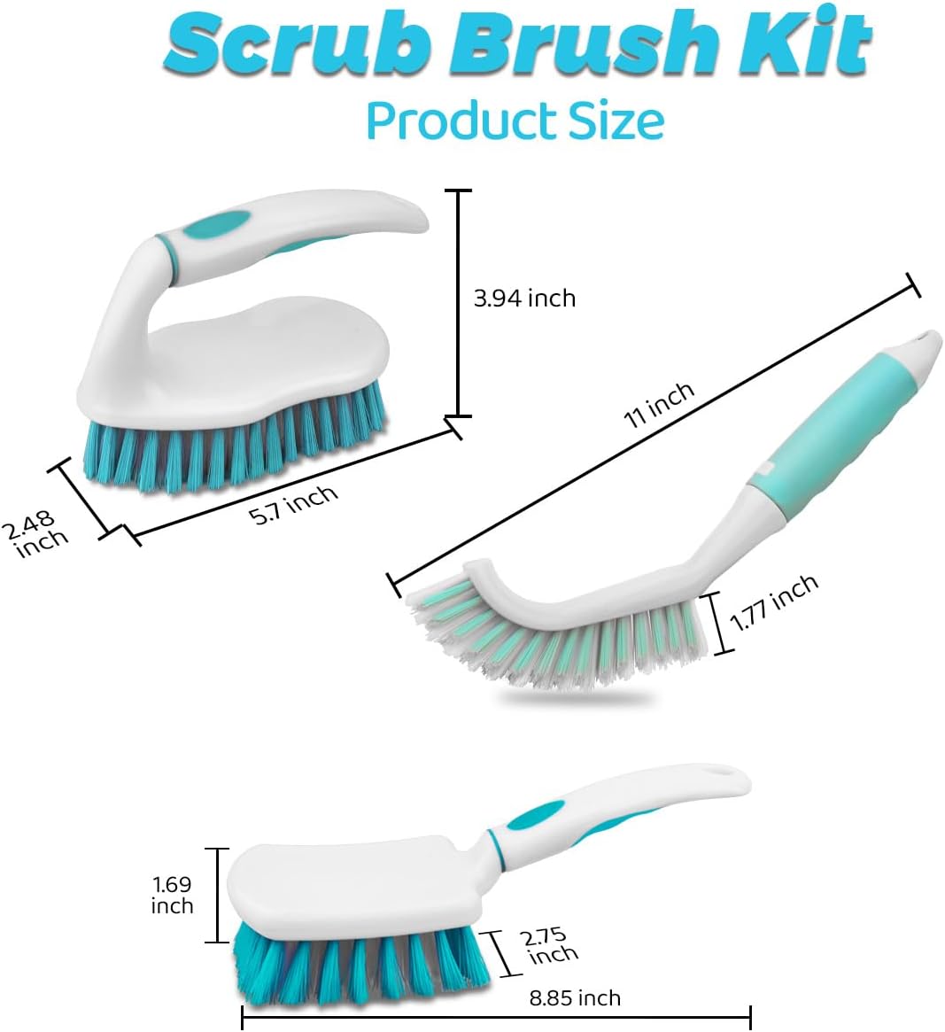 3 Pack Scrub Brush Set, Heavy-Duty Scrub Brushes for Cleaning Bathroom | Stiff Bristles Grout Scrubbing Brush with Handle, Cleaning Brushes for Shower, Bathtub, Kitchen, Floor, Tub, Tile, Sink - view 2