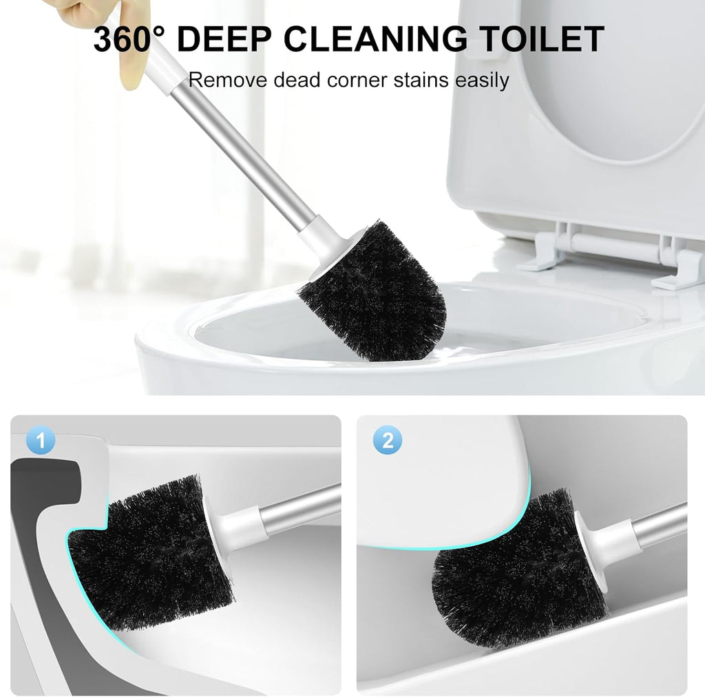 Toilet Brush and Holder, Self Closing Lid Toilet Bowl Brushes Holder and Extra Long Handle Ventilated Toilet Brush Set for Bathroom Cleaning, Nylon Bristles, White & Grey - view 6