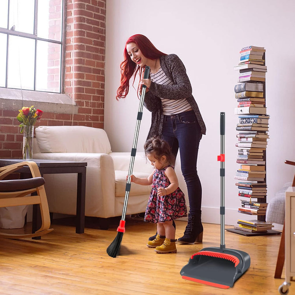 Upgrade broom and dustpan set, broom with dustpan combo set, large size and with long handle, upright, ideal for indoor outdoor garage kitchen room office lobby use (black&red) - view 7