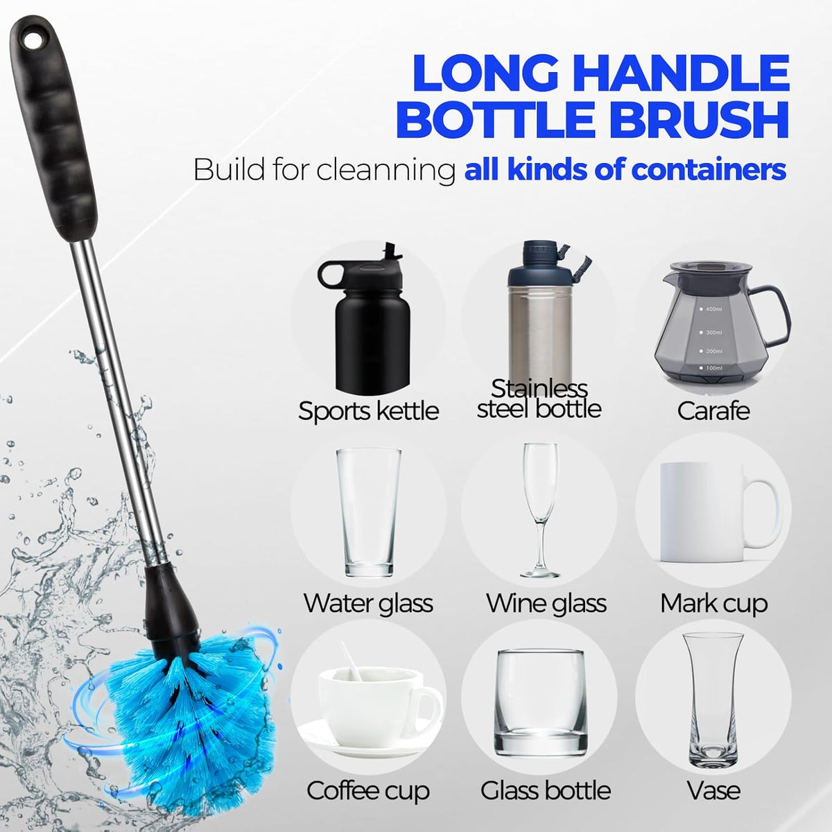 6 Pack Bottle Brush 14" Stainless Steel Straw Cleaner Brush,Blue | Bottle Cleaner Brush, 3 Straw, Bottle Cleaning Brush for Water Bottle, Baby Bottle Brush, Antistatic Brushes - view 2