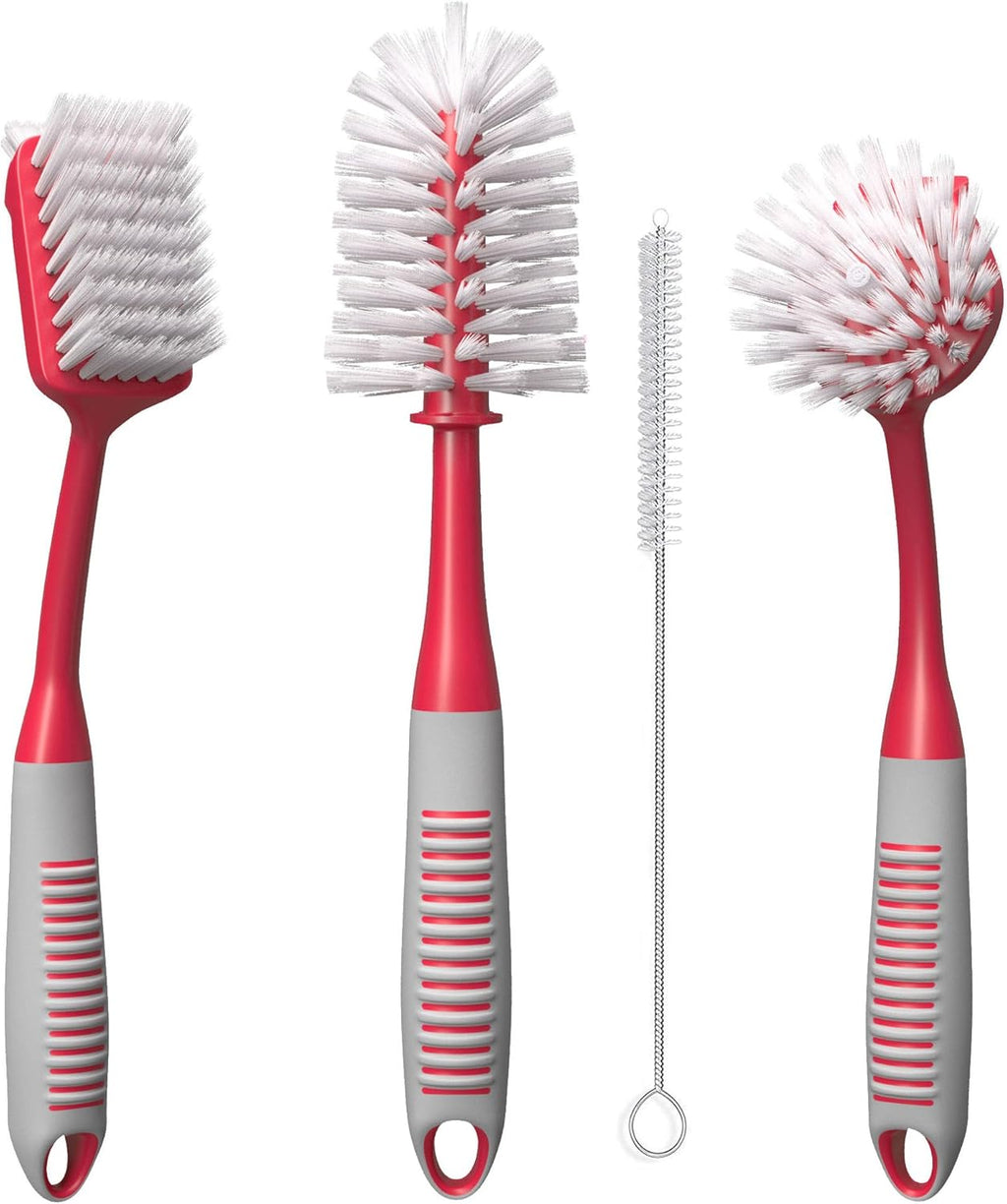 Dish brush set of 4 - kitchen scrub brushes with non-slip long handle for cleaning, scrubber, dishwashing, dishes, bottles, straws, cups, pots & sink, red