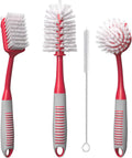 Dish brush set of 4 - kitchen scrub brushes with non-slip long handle for cleaning, scrubber, dishwashing, dishes, bottles, straws, cups, pots & sink, red