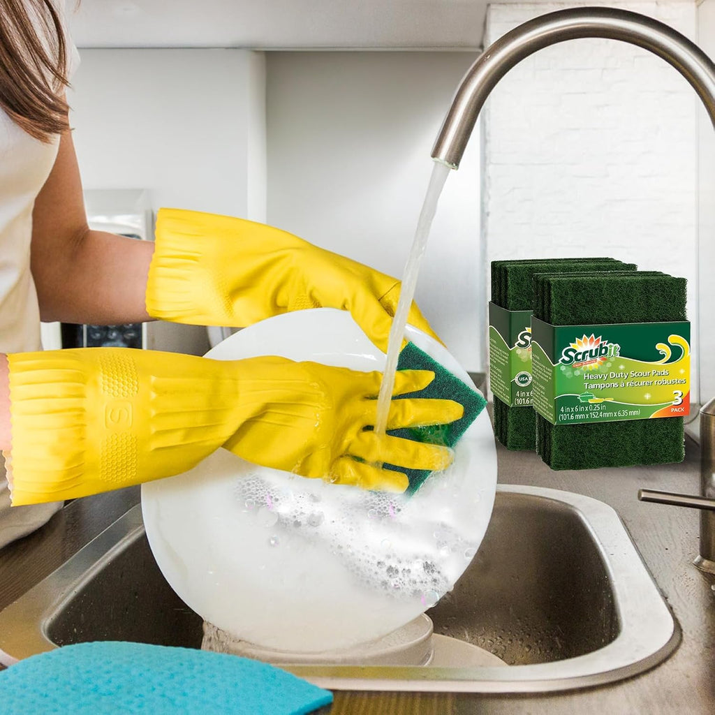 Scouring pads - heavy duty household cleaning scrubber with non-scratch anti-grease technology - reusable scrubbing pads – green, 6 pack - view 3