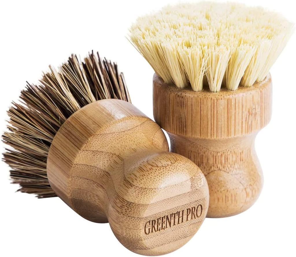 Pot brush bamboo round 3 packs mini dish brush natural scrub brush durable scrubber cleaning kit with union fiber and tampico fiber for cleaning pots, pans and vegetables - view 2