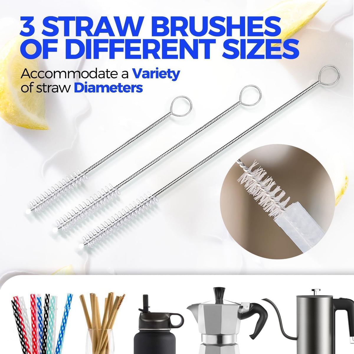 5 pack bottle brush 14" stainless steel straw cleaner brush, blue | 14" long handle stainless steel bottle cleaner brush, 3 straw brushes, bottle cleaning brush for water bottle cups baby - view 4