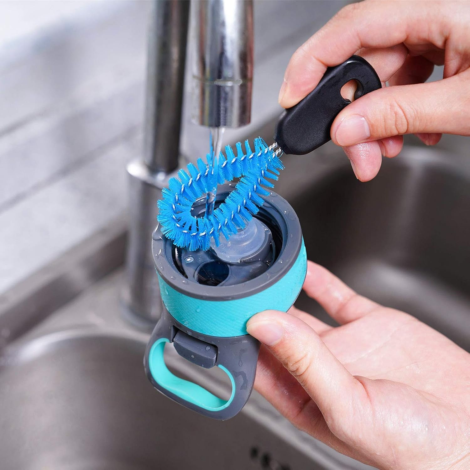 3-in-1 water bottle brush and straw cleaning set, round head | Non-slip, stainless steel, long handle with replaceable head for water bottles, glasswares, mugs, flasks, tumblers, vases - view 8