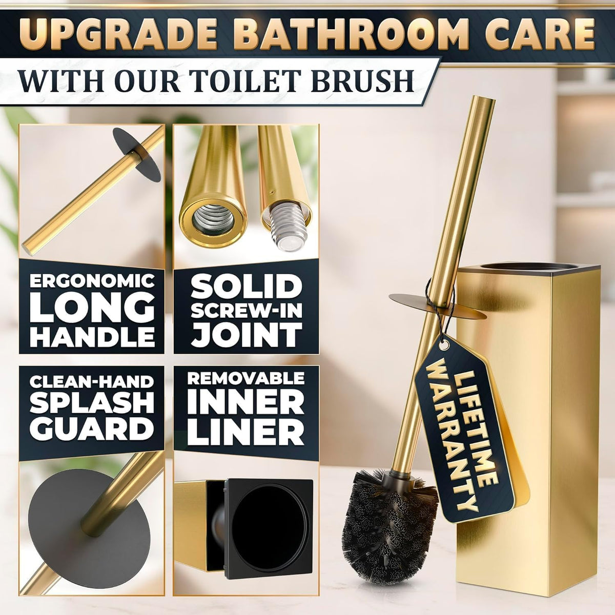 Gold Toilet Brush and Holder Set, Stainless Steel (Square) | Toilet Brush with Holder Set for Bathroom, Splash Protection & Dense Bristles for Bathroom Cleaning, Removable Inner Bowl - view 4