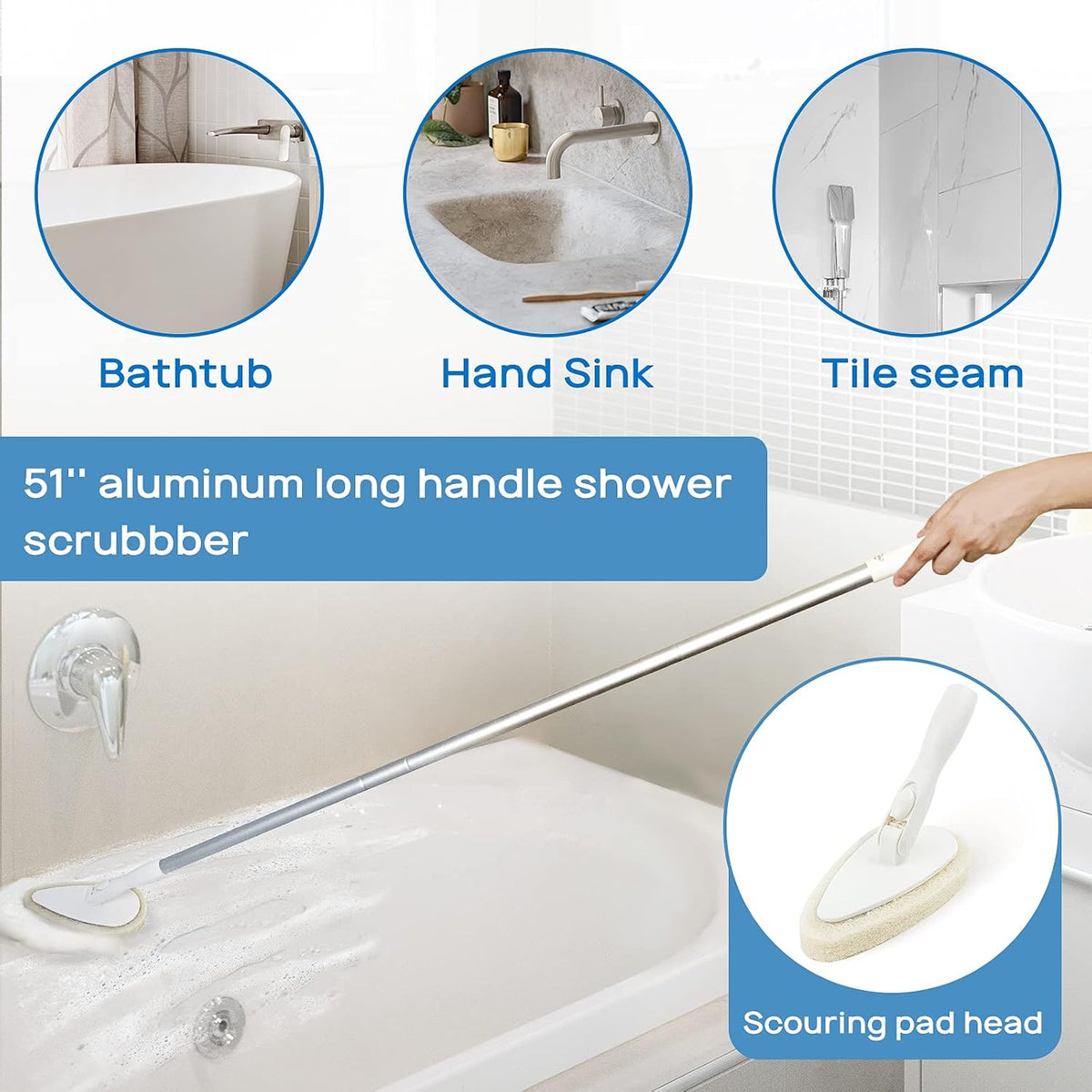Shower scrubber cleaning brush combo bath tub tile cleaner scrubber brush with 51'' adjustable long handle scrub brush for bathroom shower bathtub wall mop cleaning scrubbing - view 2