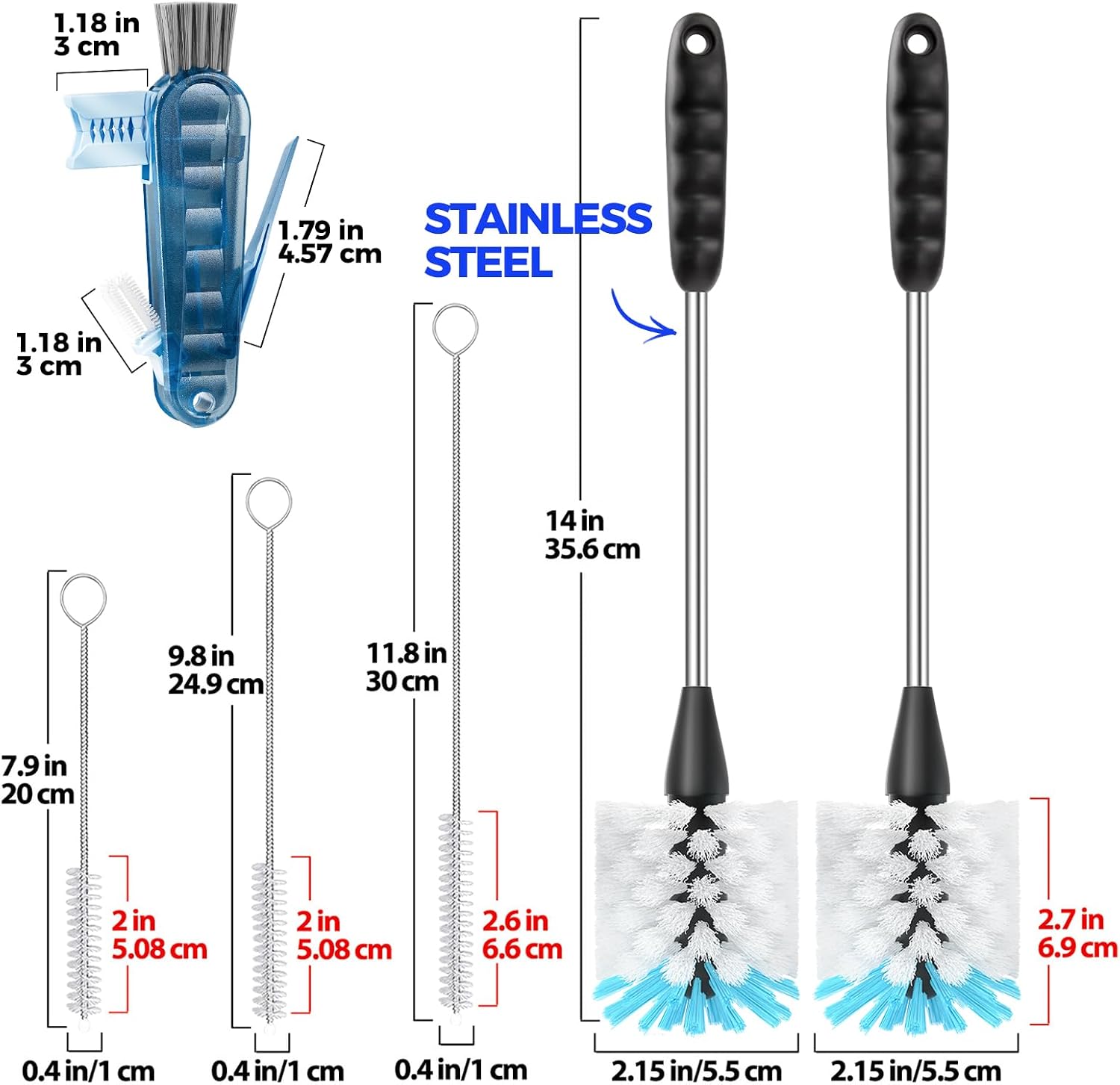 6 Pack Bottle Brush Set, 14" Long Handle Stainless Steel Bottle Cleaner Brush, 3 Straw Brushes, 4-in-1 Bottle Cleaning Brush for Water Bottle, Baby Bottle, Blue&White - view 6