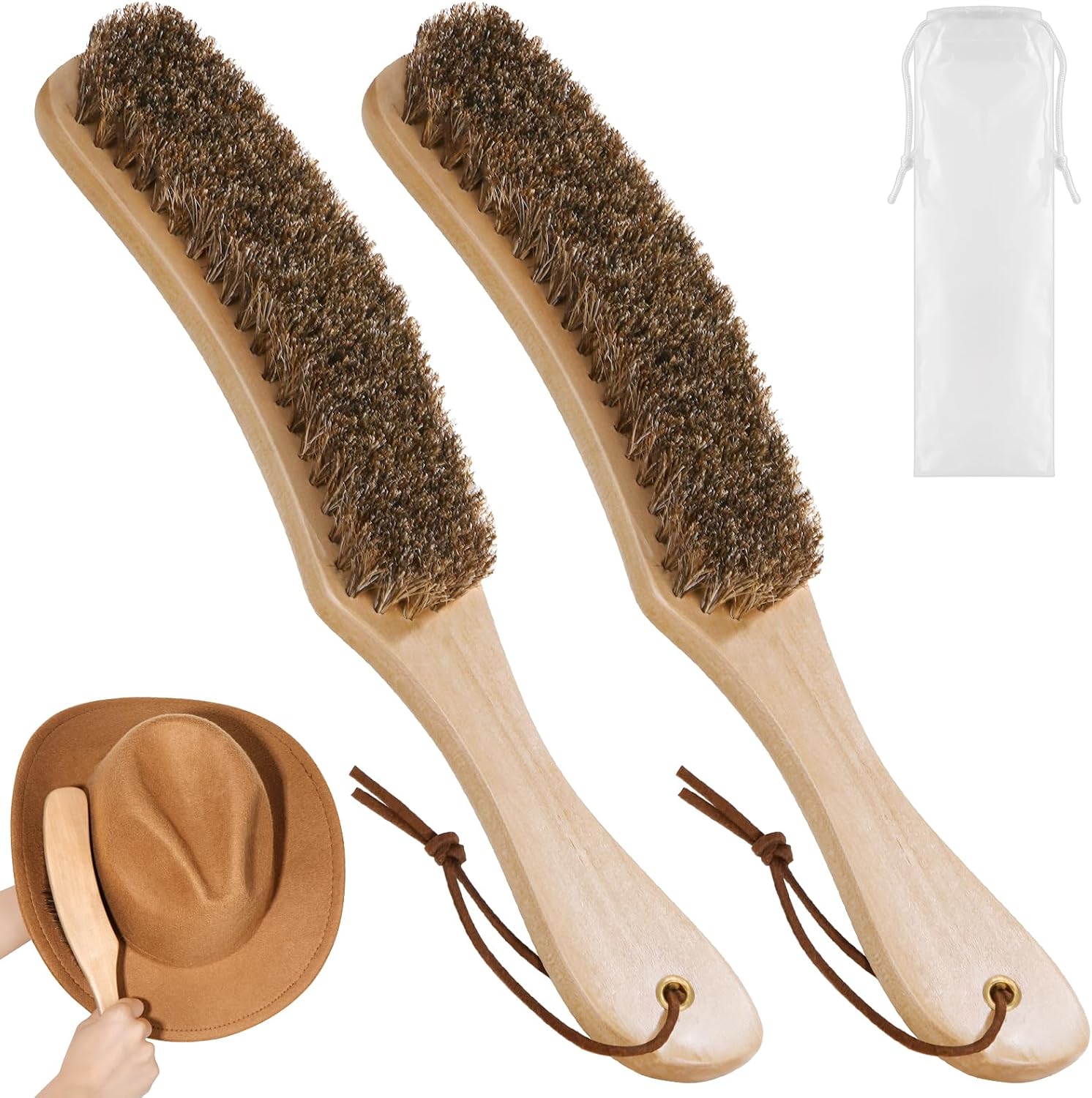 Cowboy Hat Brush Horsehair Cleaning Brush for Felt Hats Wool Suede Clothes | 100% Horsehair, Removes Dust, Lint, Pet Hair for Coats Suits Shoes Furniture Brim Edges Seams, with Wood Handle, Storage Bag - view 8