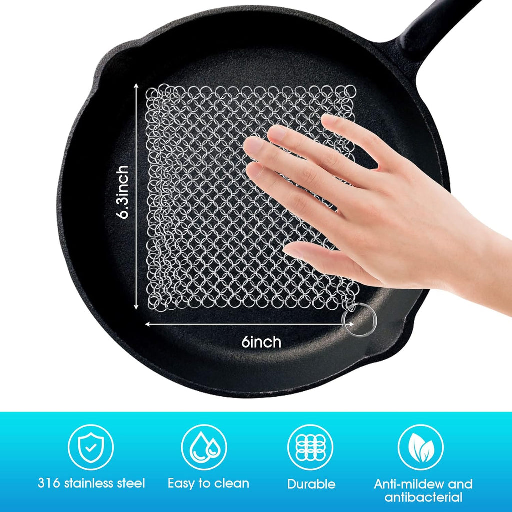 Cast iron cleaner 6"x6.3" 316L stainless steel chainmail scrubber for griddle skillet Dutch oven wok stainless steel pot cast iron pan support dishwasher cleaning - view 2