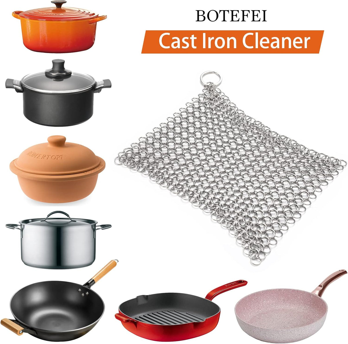 Cast iron cleaner 6"x6.3" 316L stainless steel chainmail scrubber for griddle skillet Dutch oven wok stainless steel pot cast iron pan support dishwasher cleaning - view 3