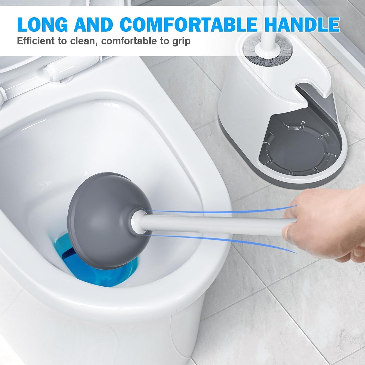Toilet Plunger and Brush Set, Bowl Brush and Heavy Duty Toilet Plunger with Ventilated Holder, 2-in-1 Toilet Brush and Plunger Combo for 5.3-inch Toilet Drain Bathroom Deeply Cleaning(White & Grey) - view 6