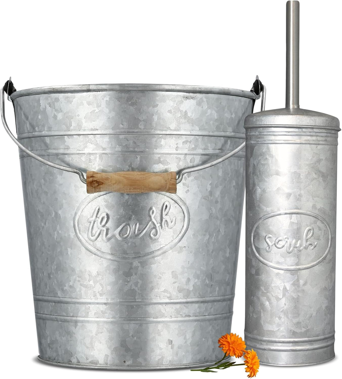 Farmhouse Bathroom Trash Can and Toilet Brush Set, 2 Gallon | Galvanized grey, 2 gallon waste basket, matching toilet bowl brush holder, wood handle, rustic farmhouse guest bath