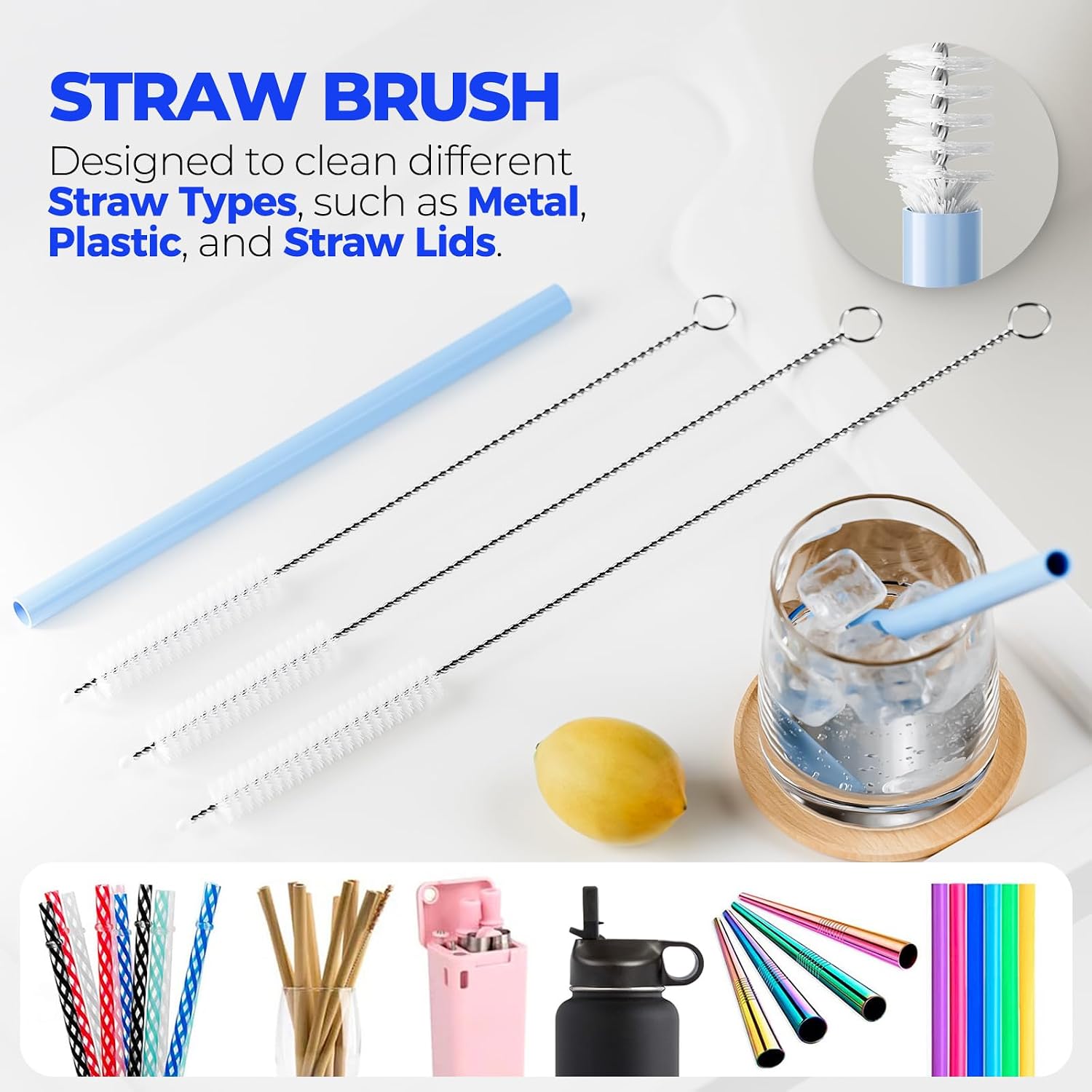 6 Pack Bottle Brush Set, 14" Long Handle Stainless Steel Bottle Cleaner Brush, 3 Straw Brushes, 4-in-1 Bottle Cleaning Brush for Water Bottle, Baby Bottle, Blue&White - view 4