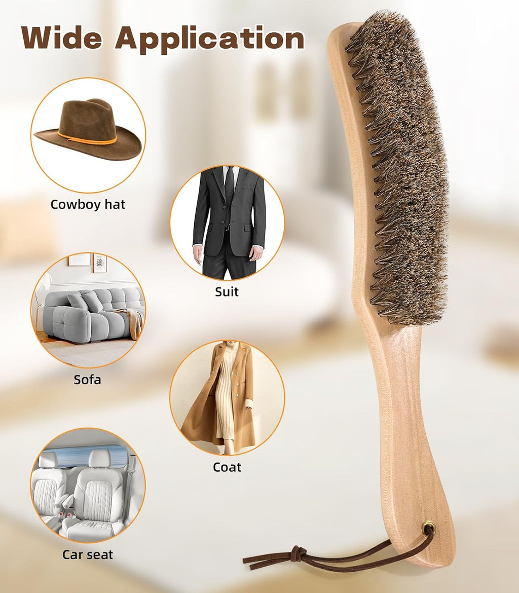 Cowboy Hat Brush Horsehair Cleaning Brush for Felt Hats Wool Suede Clothes | 100% Horsehair, Removes Dust, Lint, Pet Hair for Coats Suits Shoes Furniture Brim Edges Seams, with Wood Handle, Storage Bag - view 5