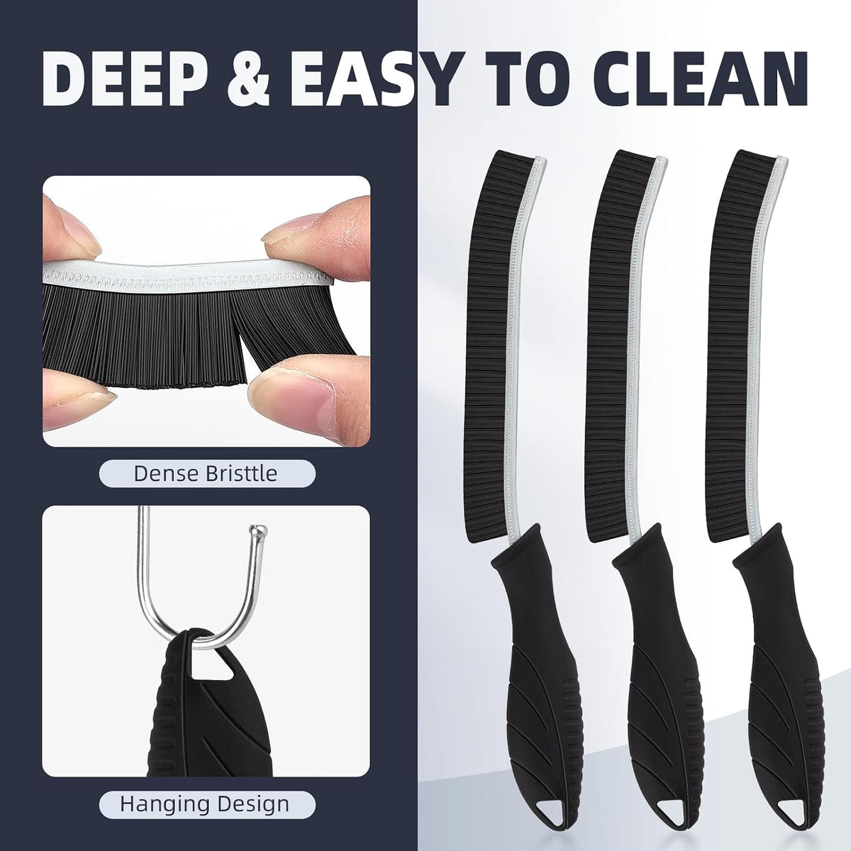 Hard Bristle Crevice Cleaning Brush - Home Cleaning Tools, Multi-Purpose Crevice Supplies for Kitchen, Bathroom, Toilet, Window, Vehicle, Faucets, Grout, Home (3, Black) - view 3