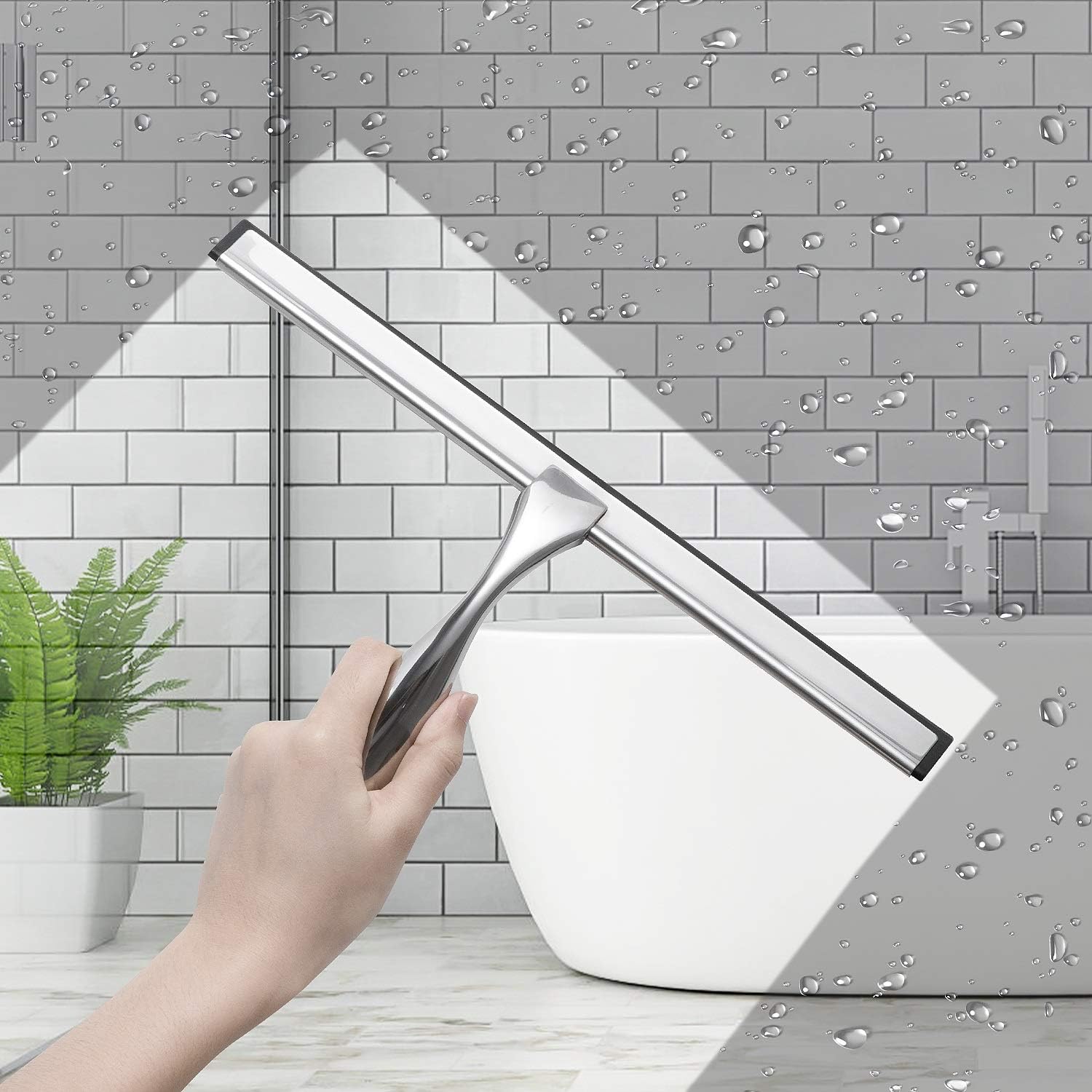 12-inch shower squeegee set, includes shower door hook and adhesive hook, squeegee for shower doors, mirror and window, silver - view 3