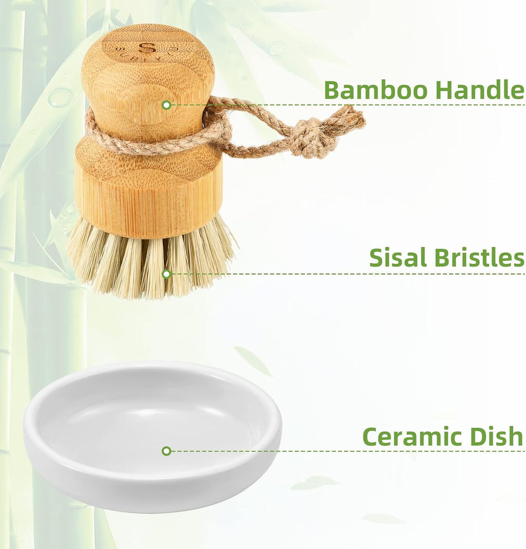 Bamboo dish scrub brushes, kitchen wooden cleaning scrubbers set for washing cast iron pan/pot, natural sisal bristles, set of 3 - view 4