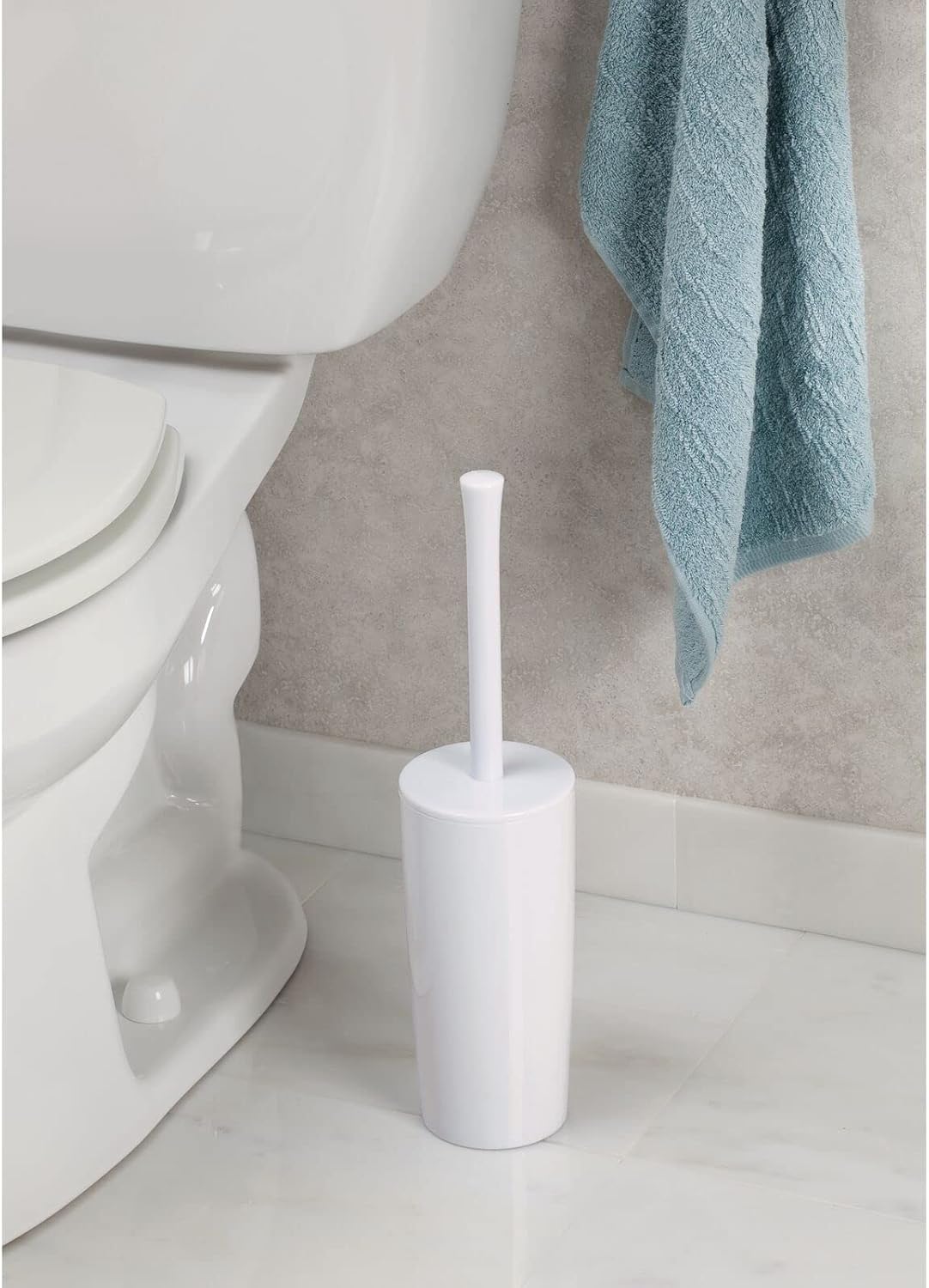 Slim Plastic Toilet Bowl Brush and Holder Set, Modern Compact Storage Organizer Cleaner Scrubber for Toilet - Heavy Duty Cleaning Plunger for Bathroom, Aura Collection - White - view 3