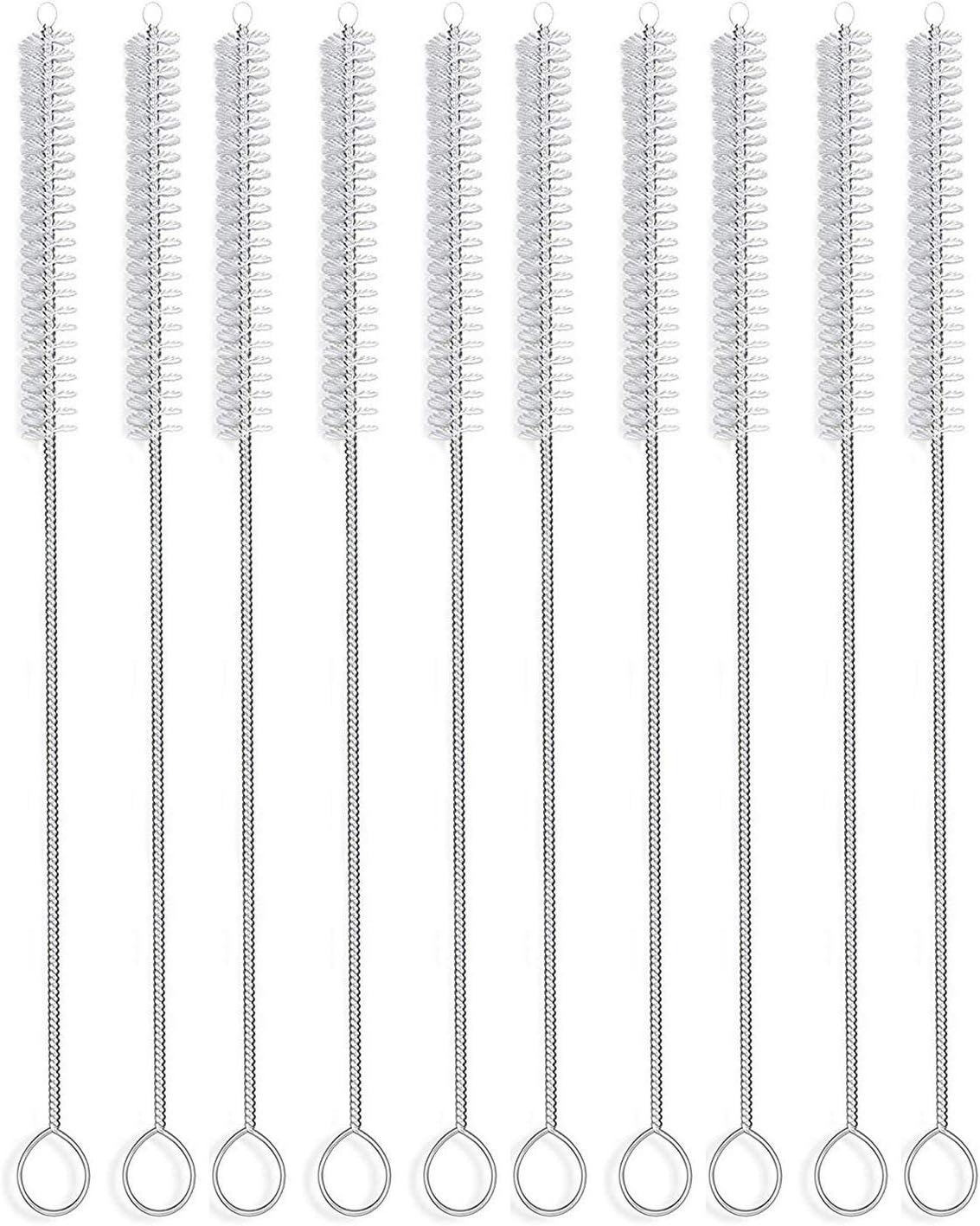 Straw brush cleaner (10 pack), flexible nylon pipe tube cleaning brushes with 0.4" bristles, rust-proof stainless steel reusable straw washers for standard tumblers, bottles & teapot spouts 8.2 inch