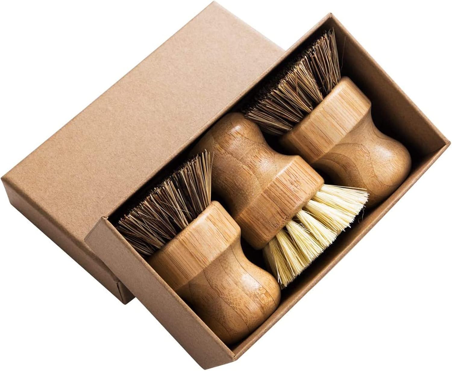 Pot brush bamboo round 3 packs mini dish brush natural scrub brush durable scrubber cleaning kit with union fiber and tampico fiber for cleaning pots, pans and vegetables