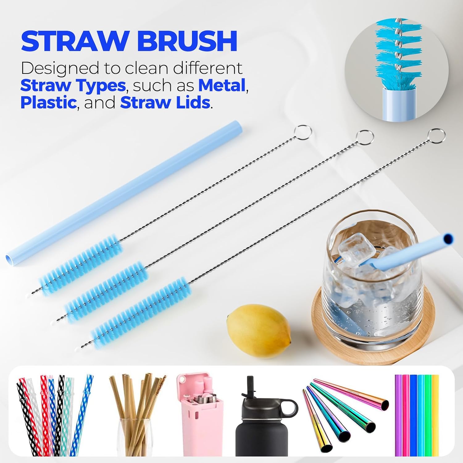 6 Pack Bottle Brush 14" Stainless Steel Straw Cleaner Brush,Blue | Bottle Cleaner Brush, 3 Straw, Bottle Cleaning Brush for Water Bottle, Baby Bottle Brush, Antistatic Brushes - view 4