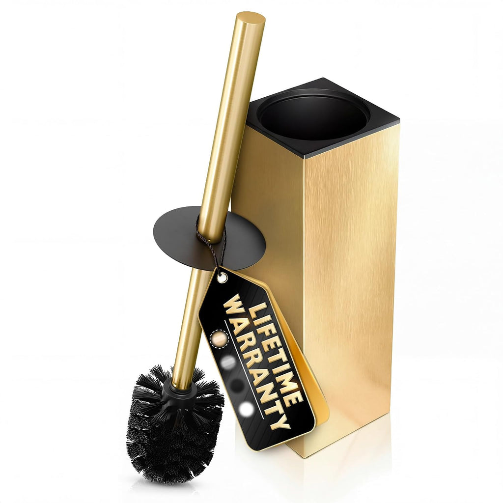 Gold Toilet Brush and Holder Set, Stainless Steel (Square) | Toilet Brush with Holder Set for Bathroom, Splash Protection & Dense Bristles for Bathroom Cleaning, Removable Inner Bowl
