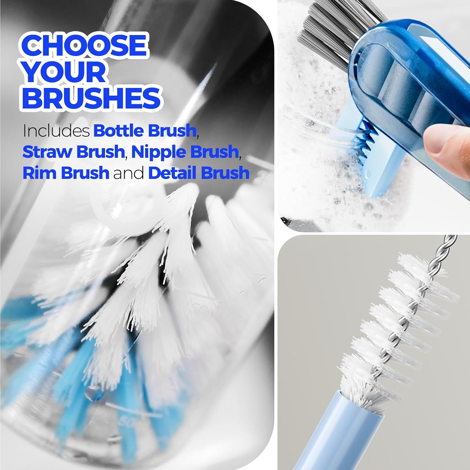 6 Pack Bottle Brush Set, 14" Long Handle Stainless Steel Bottle Cleaner Brush, 3 Straw Brushes, 4-in-1 Bottle Cleaning Brush for Water Bottle, Baby Bottle, Blue&White - view 5