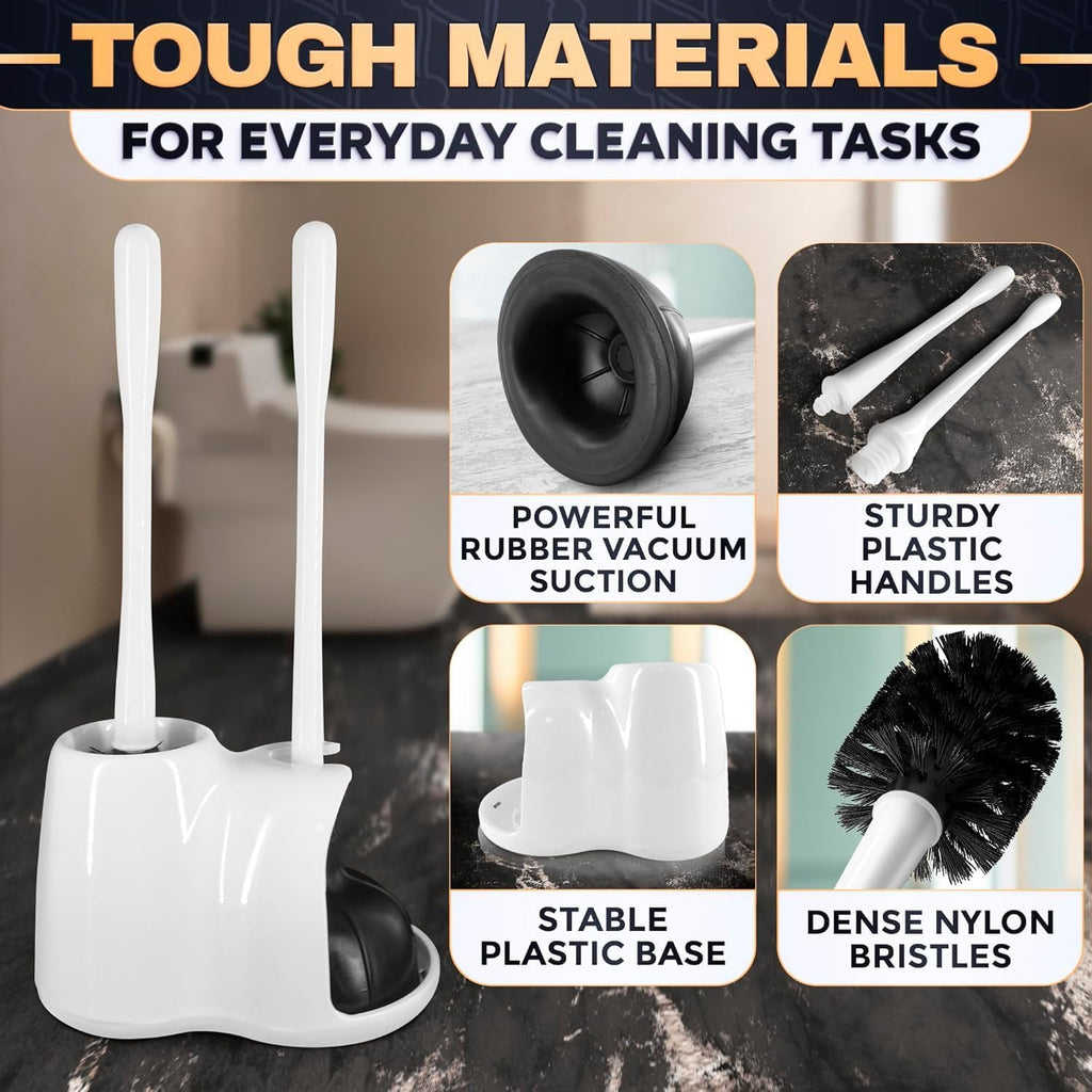 15.2" toilet brush and plunger set with holder, nylon bristles, white | Toilet bowl brush, holder and plunger, easy to place and simple to store after use, compact accessory for small spaces - view 3