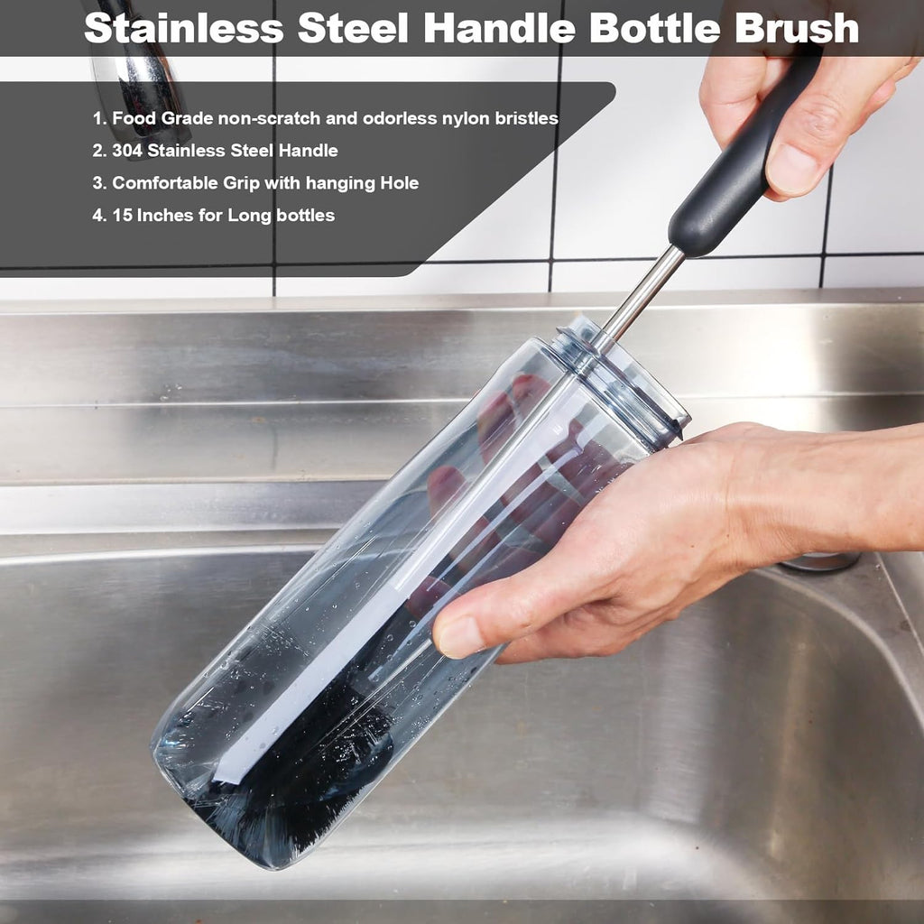 Water bottle brush, 15 inches long stainless steel handle bottle brush cleaner, bottle scrubber, kitchen scrub cleaning brushes for cup, wine glasses, coffee mugs, tumblers, wine decanters, black - view 2