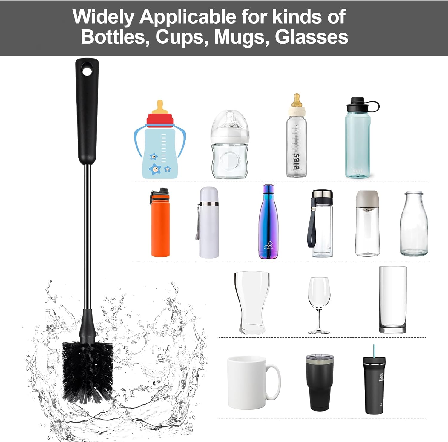 Water bottle brush, 15 inches long stainless steel handle bottle brush cleaner, bottle scrubber, kitchen scrub cleaning brushes for cup, wine glasses, coffee mugs, tumblers, wine decanters, black - view 3