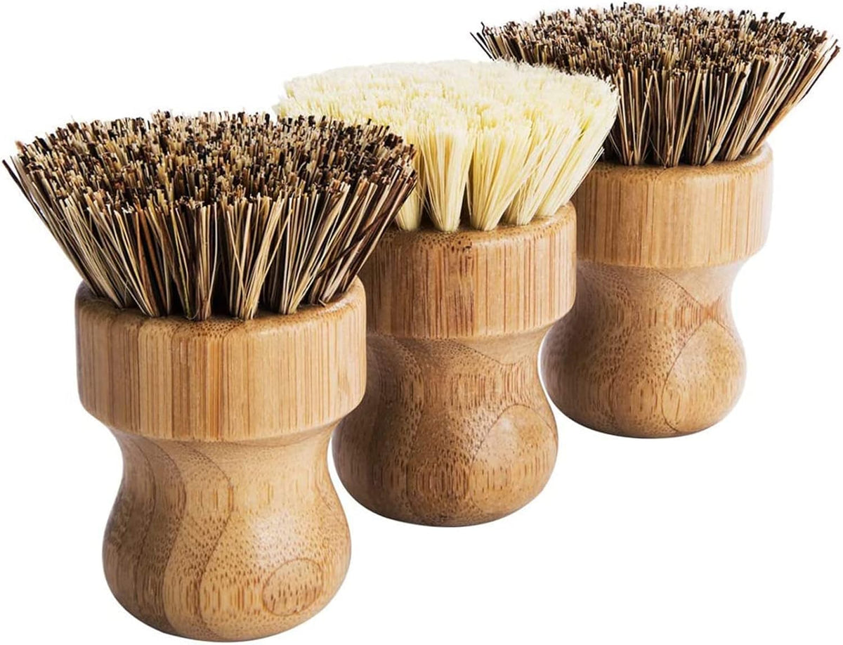 Pot brush bamboo round 3 packs mini dish brush natural scrub brush durable scrubber cleaning kit with union fiber and tampico fiber for cleaning pots, pans and vegetables - view 4
