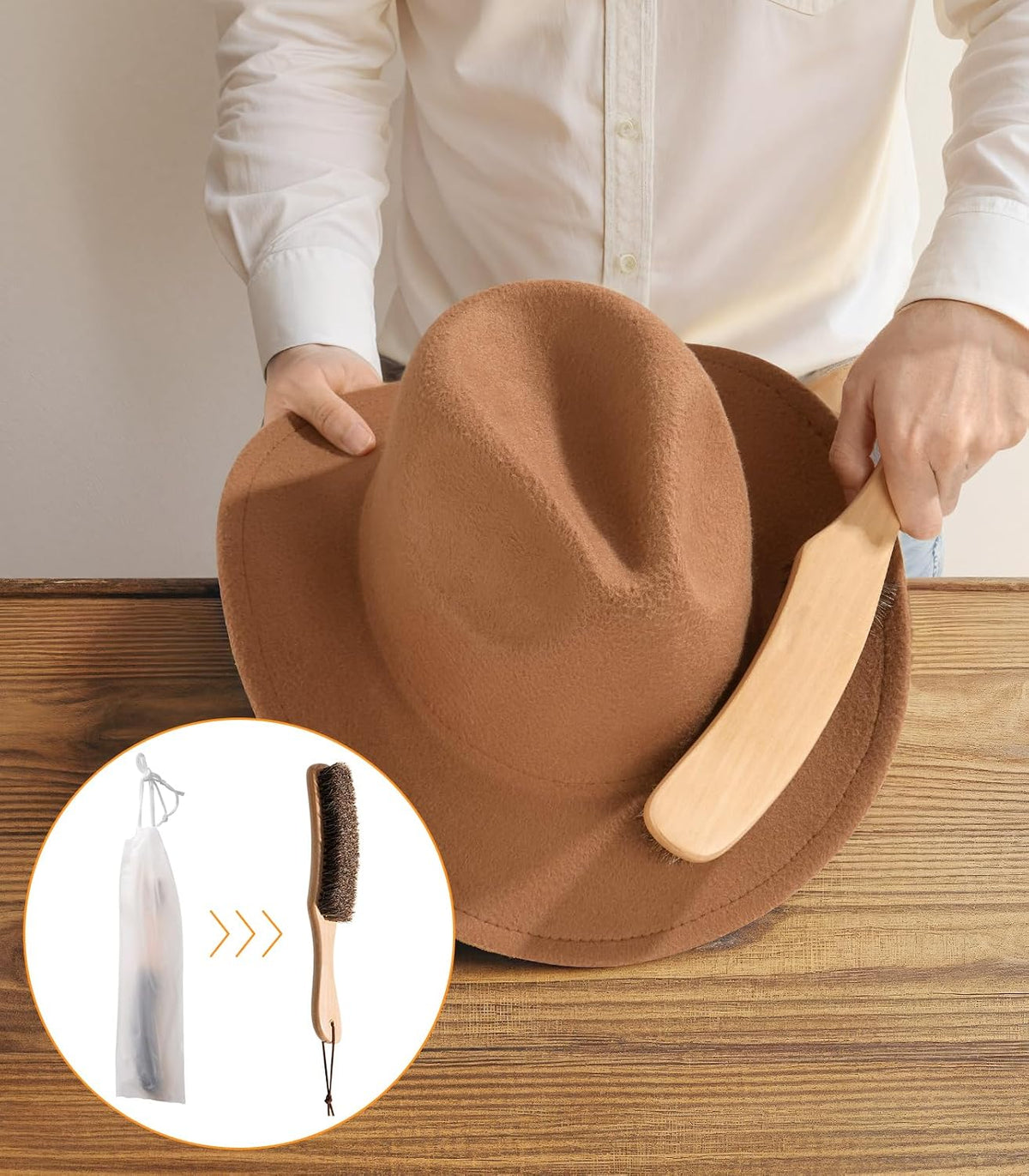 Cowboy Hat Brush Horsehair Cleaning Brush for Felt Hats Wool Suede Clothes | 100% Horsehair, Removes Dust, Lint, Pet Hair for Coats Suits Shoes Furniture Brim Edges Seams, with Wood Handle, Storage Bag - view 2