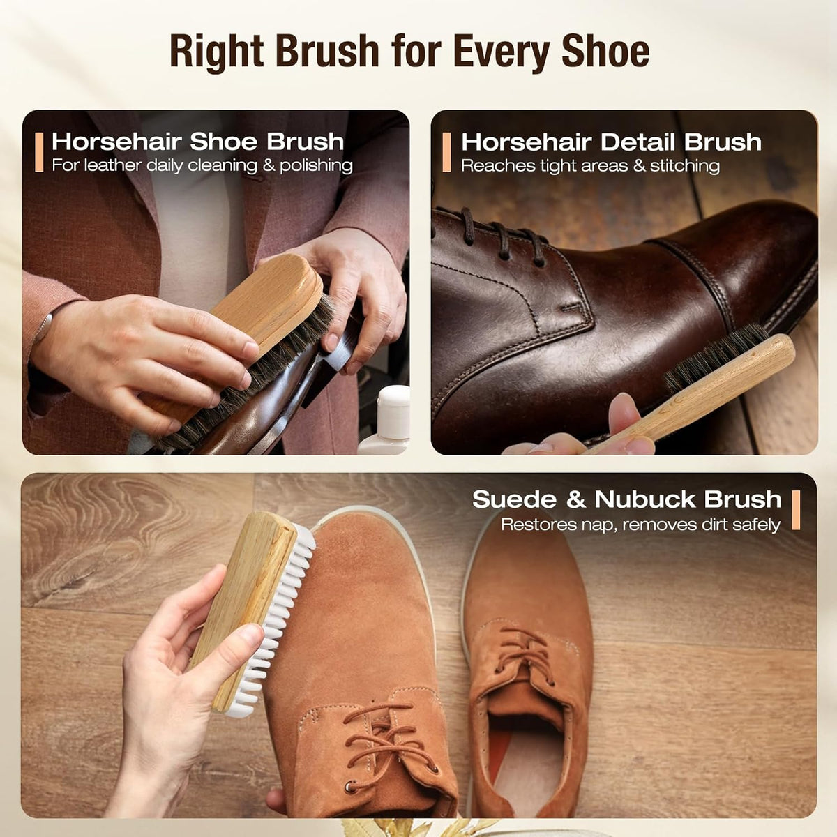 3Pcs Shoe Shine Kit, 2Pcs Horsehair Shoe Brush and a Suede Eraser | Horse Hair Brush for Leather, Suede Brush for Shoes, Shoe Care Set Cleans and Polishes Leather, Suede and Boots - view 3