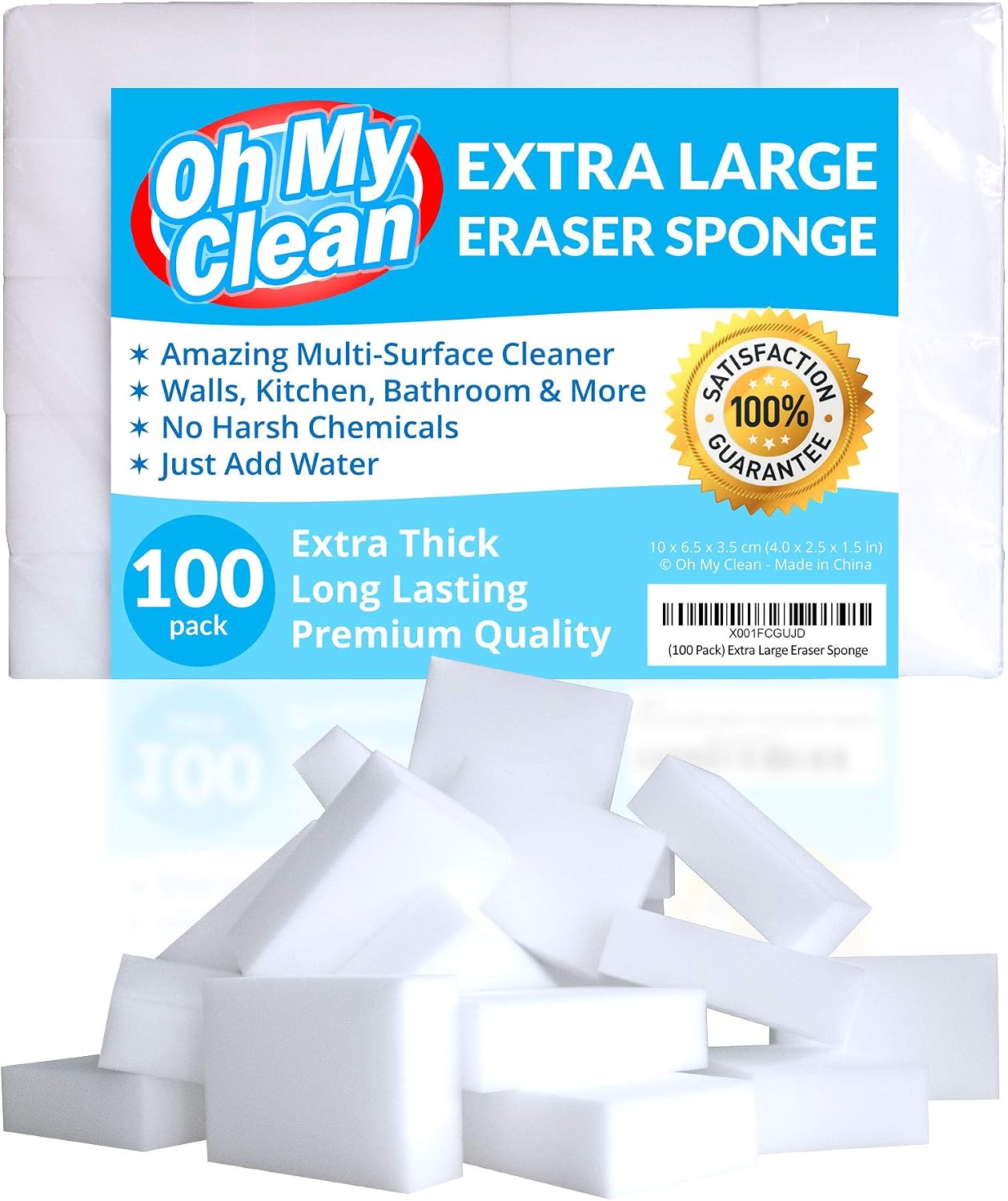 (100 Pack) Extra Large Eraser Sponge – Extra Thick, Long Lasting Magic Melamine Cleaning Sponges in Bulk – White Foam Pads for Walls, Kitchen, Bathroom, Floor & Baseboard Cleaner